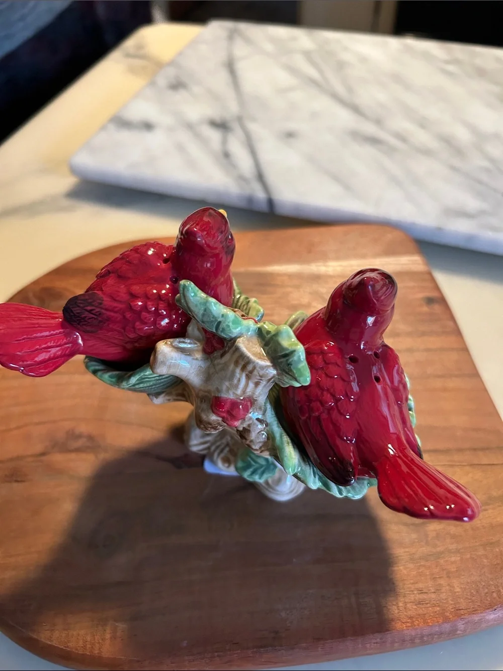 Cracker Barrel Red Cardinal Pair on Green Leaf Holiday Accent